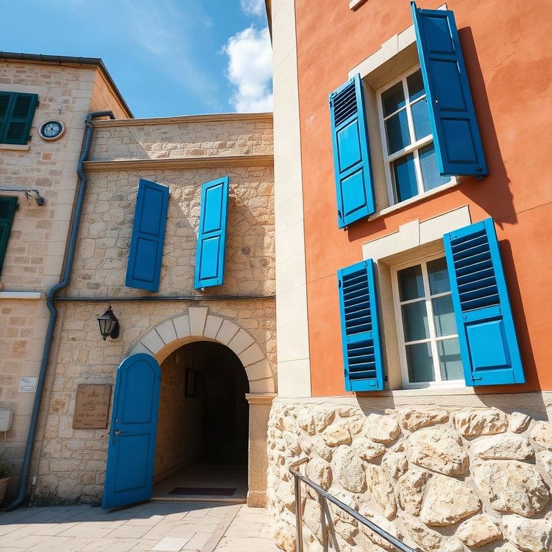 Vanjski izgled kamene zgrade u Dubrovniku s azure-plavim škurama